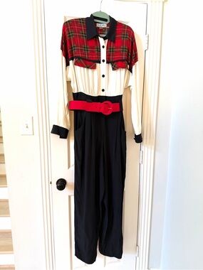 Rare find 1980’s Vintage Menu Red Plaid & Black Jumpsuit with Red Belt-